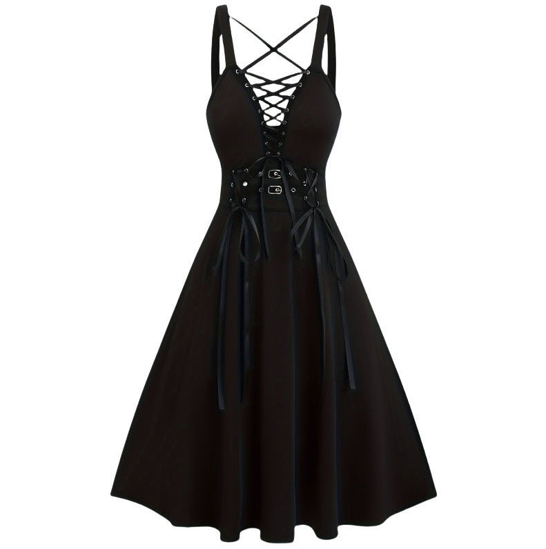 Gothic Lace-up Buckle Cross Deep V-neck Solid Color High Waist A- Line Plus Size Dress