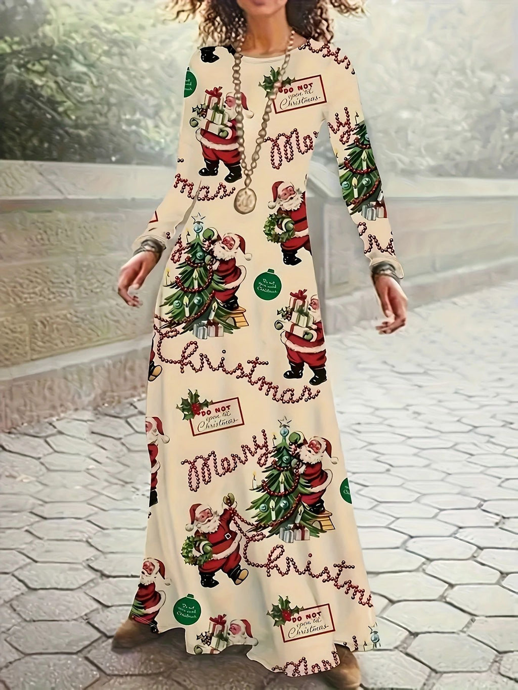 Santa Claus Printed Round Neck Long Sleeve Elegant Dress