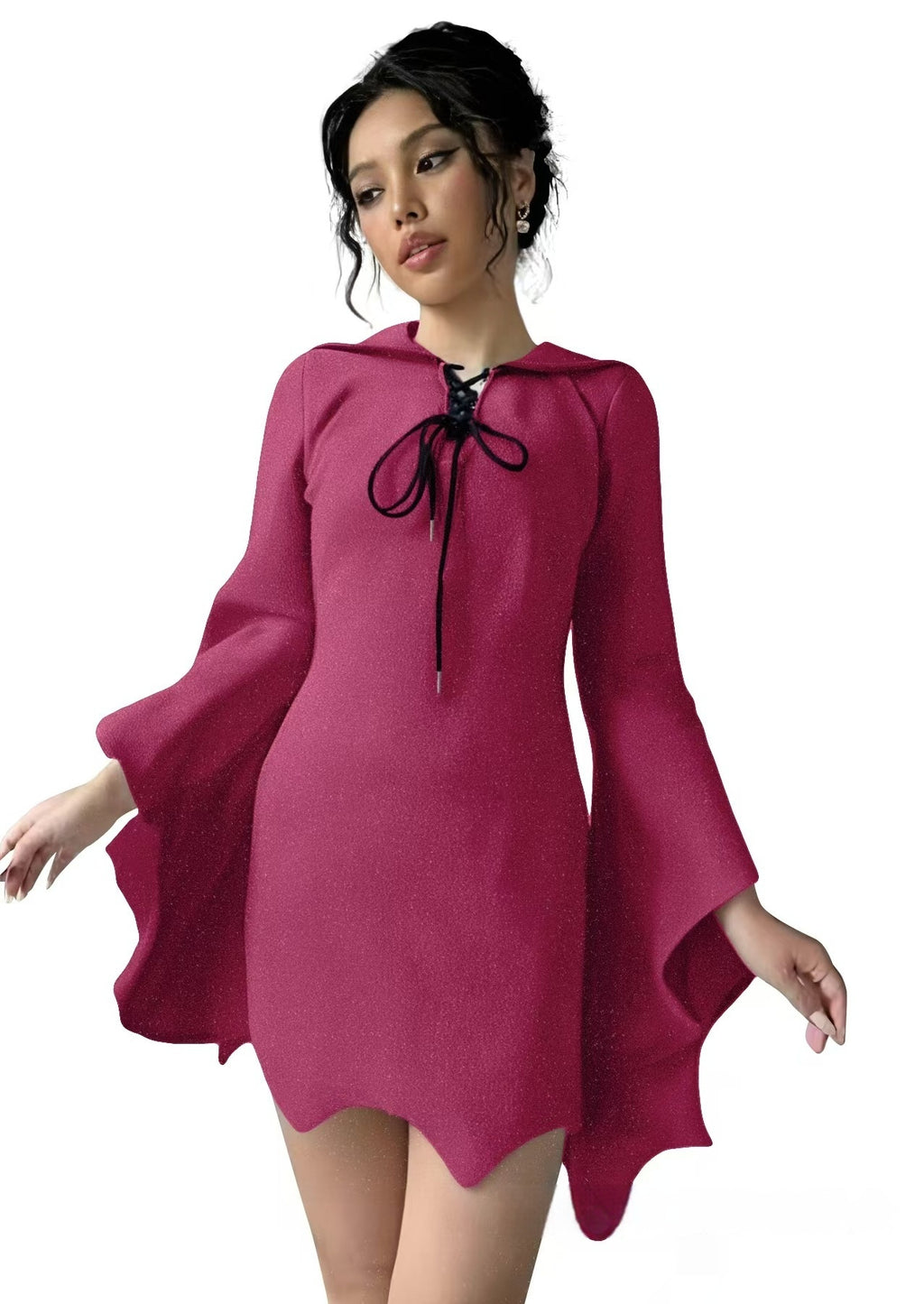 Ghost Face Batwing Sleeve Lace-up V-neck Irregular Shiny Dress