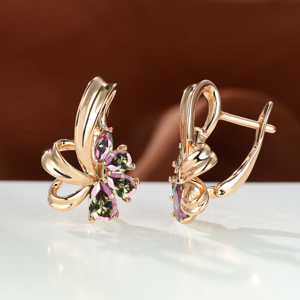 New Champagne Gold Colorful AB Diamond Flower Purple Earrings Female Fashion