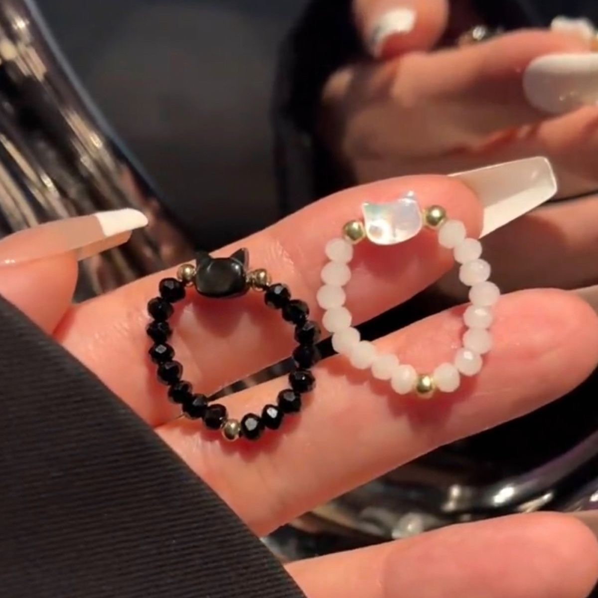 Couple Couple Rings Free Size Sweet Cute Cat Ring Black And White Cat Head Index Finger Ring