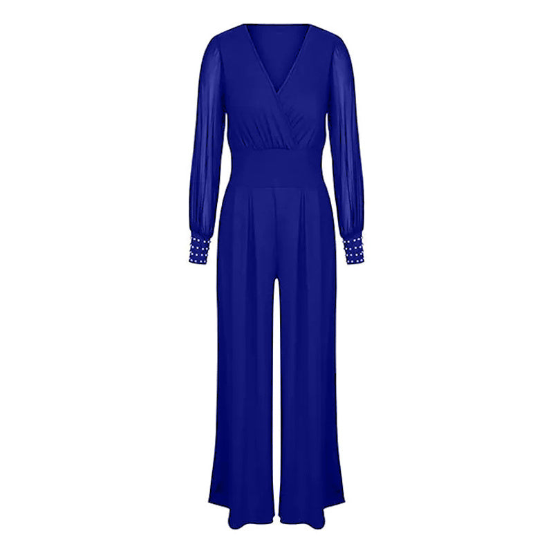 Women's Elegant V Neck Mesh Long Sleeve Loose Wide Leg Romper Party Jumpsuits With Rivet Cuffs