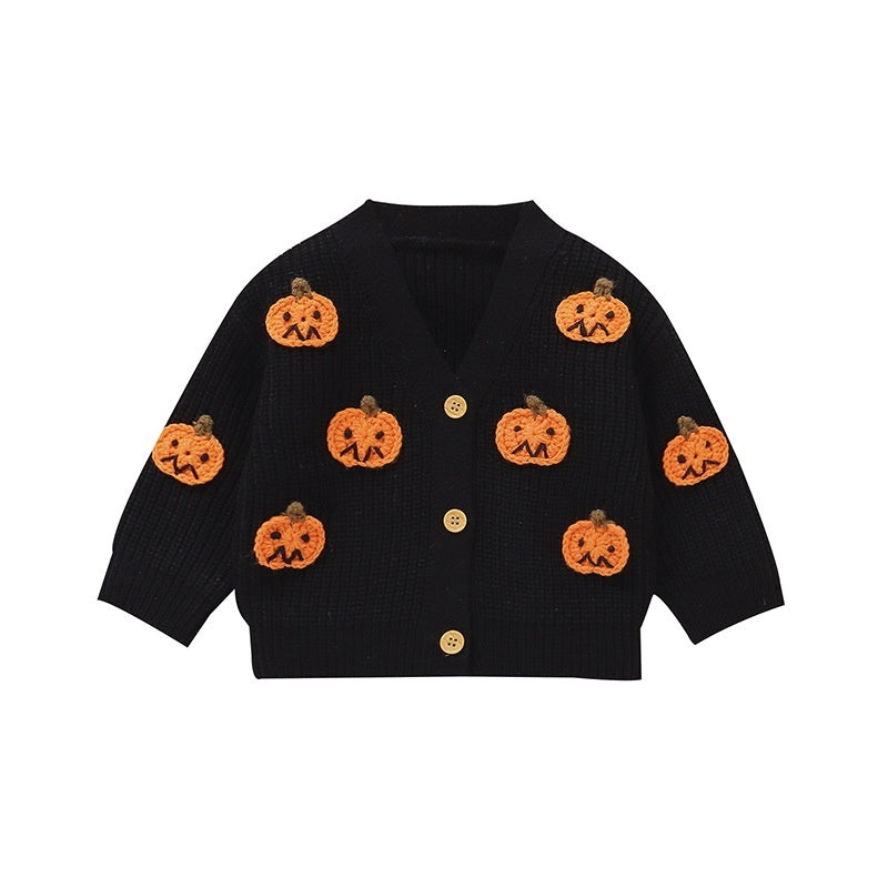 Baby Halloween Three-dimensional Pumpkin Pattern Knitted Long-sleeved V-neck Cardigan