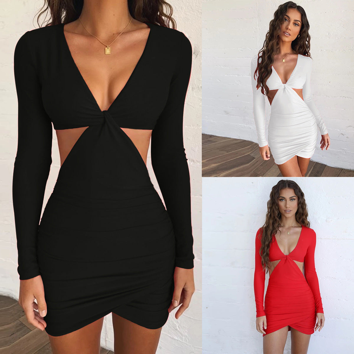 Sexy V-neck Long Sleeve Hollow Sheath Dress