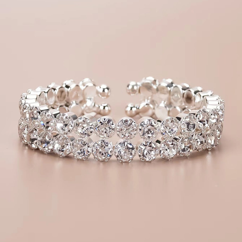 Elastic Bracelet Double Row Large Rhinestone Jewelry Wide Opening