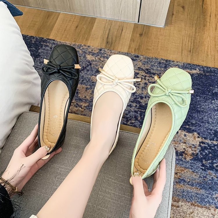 Ladies New Bow Flat Bottom Square Toe Soft Bottom Pumps