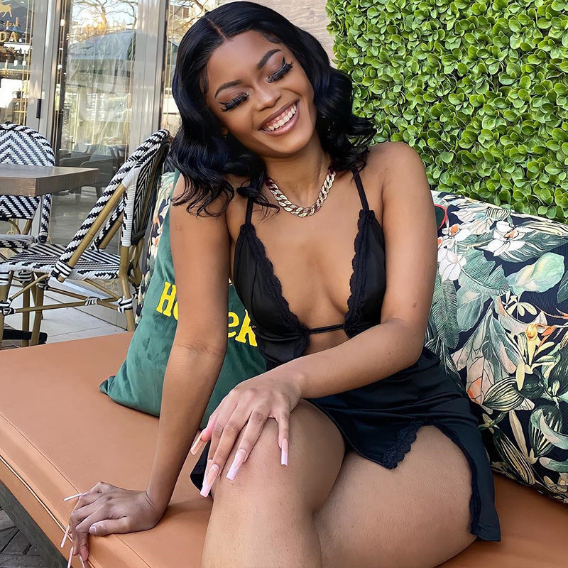 Hollow-out Camisole Lace Patchwork Slit Sheath Dress