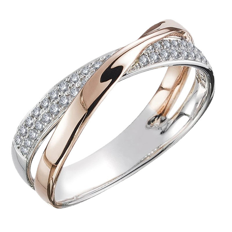 Cross-border Hot Selling Copper Plated White K Inlaid Zircon Simple Personality X-shaped Two-tone Ring