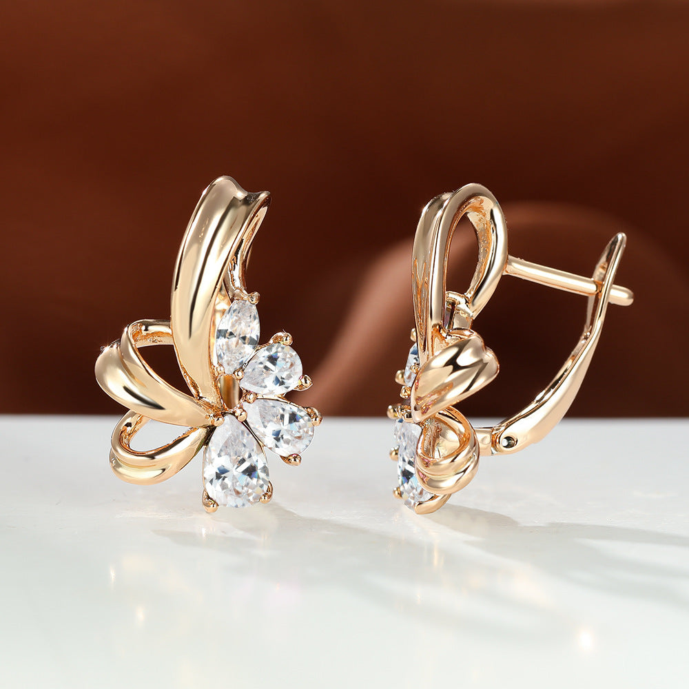 New Champagne Gold Colorful AB Diamond Flower Purple Earrings Female Fashion