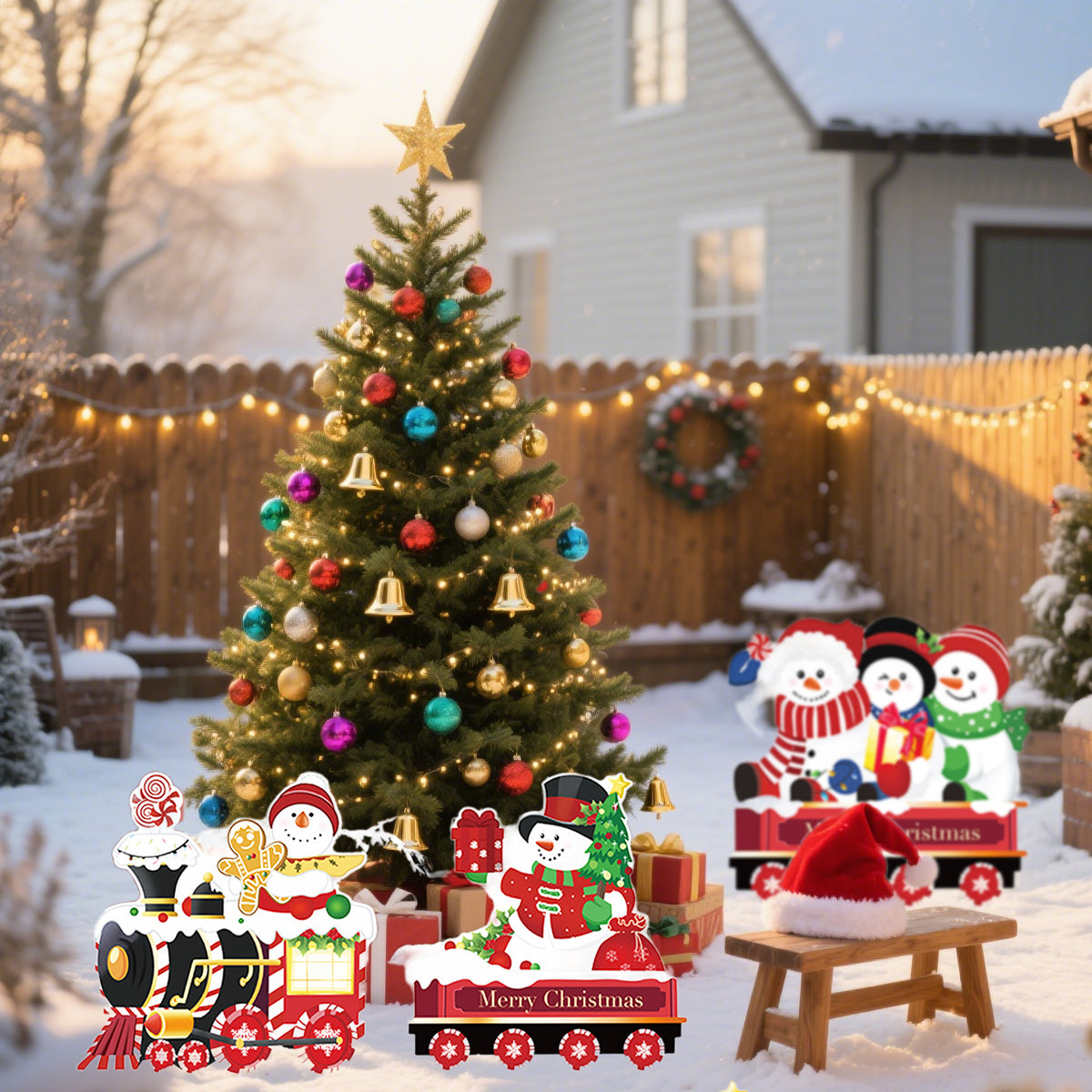 4 Pack Christmas Yard Signs With Plastic Stakes Xmas Train Snowman Christmas Tree Gift Lawn Signs For Yard Fence Garden Lawn Xmas Holiday Outside Decoration Supplies