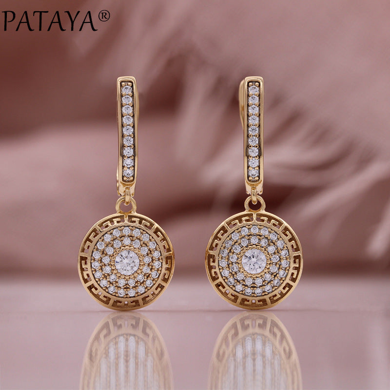 Full Diamond Round Earrings Champagne Gold Plated