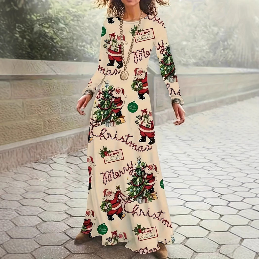 Santa Claus Printed Round Neck Long Sleeve Elegant Dress