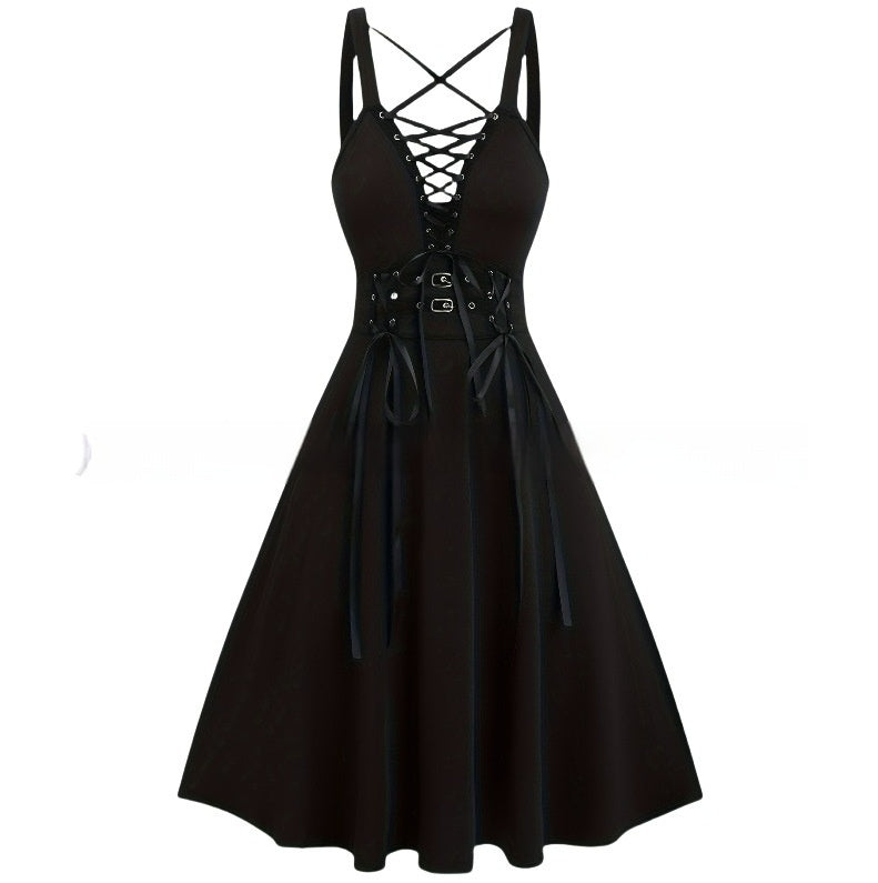 Gothic Lace-up Buckle Cross Deep V-neck Solid Color High Waist A- Line Plus Size Dress