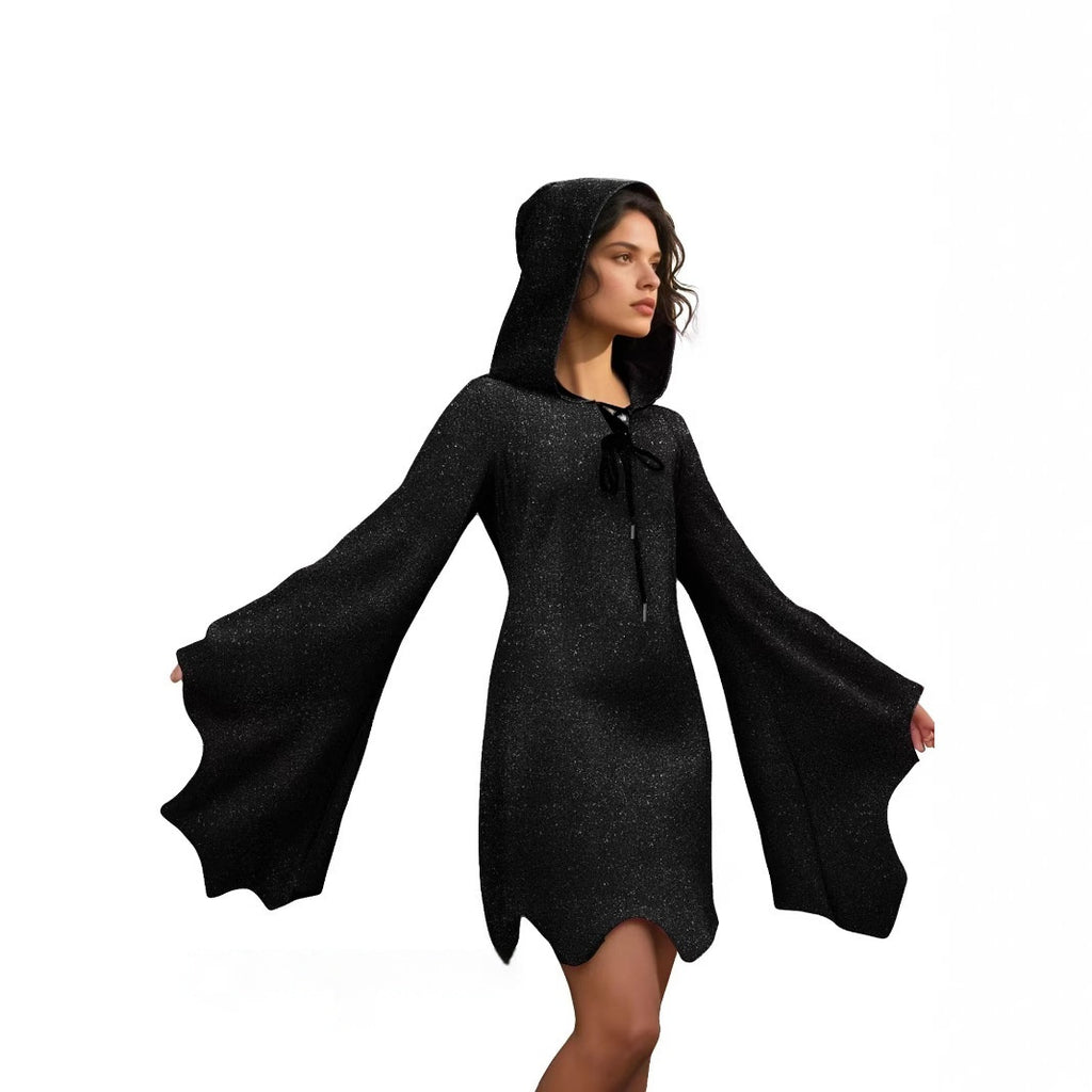 Ghost Face Batwing Sleeve Lace-up V-neck Irregular Shiny Dress