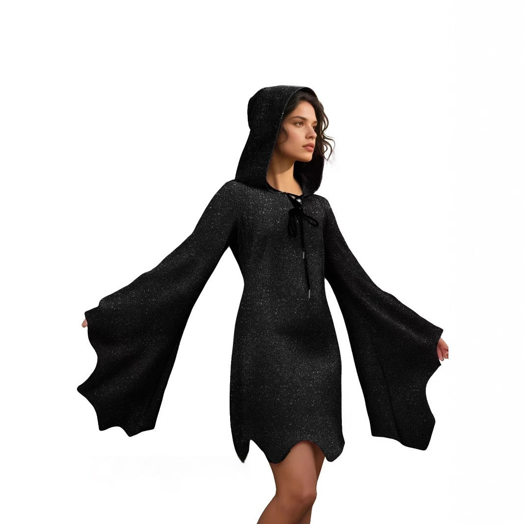 Ghost Face Batwing Sleeve Lace-up V-neck Irregular Shiny Dress