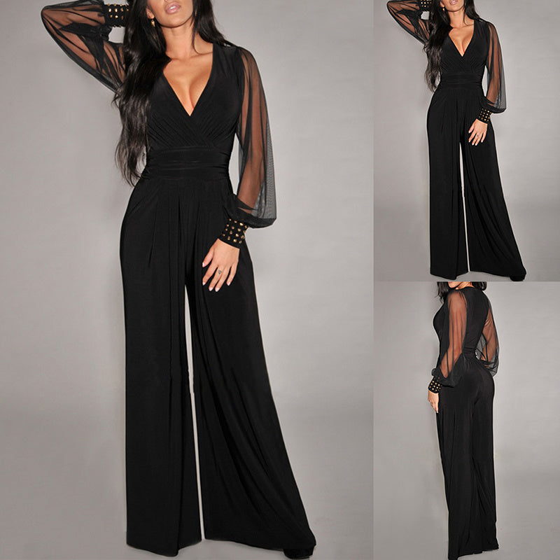 Women's Elegant V Neck Mesh Long Sleeve Loose Wide Leg Romper Party Jumpsuits With Rivet Cuffs