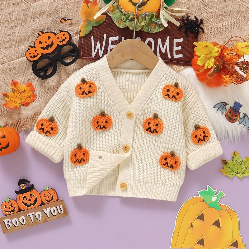 Baby Halloween Three-dimensional Pumpkin Pattern Knitted Long-sleeved V-neck Cardigan