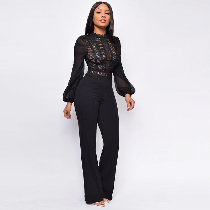 High-waisted Straight-leg Women's High-neck Lace Long-sleeve Jumpsuit
