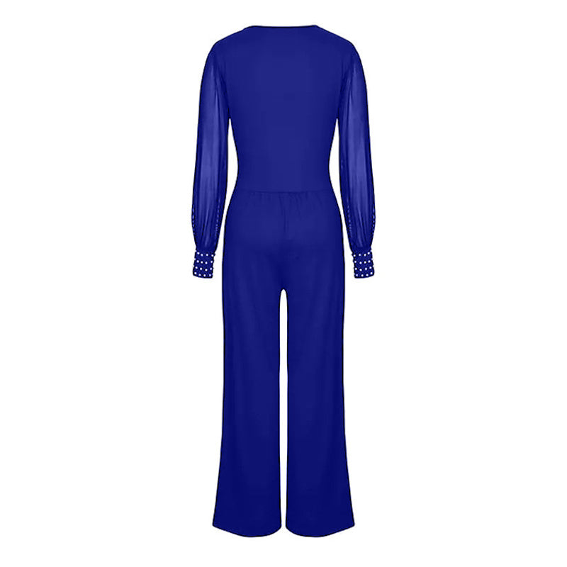 Women's Elegant V Neck Mesh Long Sleeve Loose Wide Leg Romper Party Jumpsuits With Rivet Cuffs