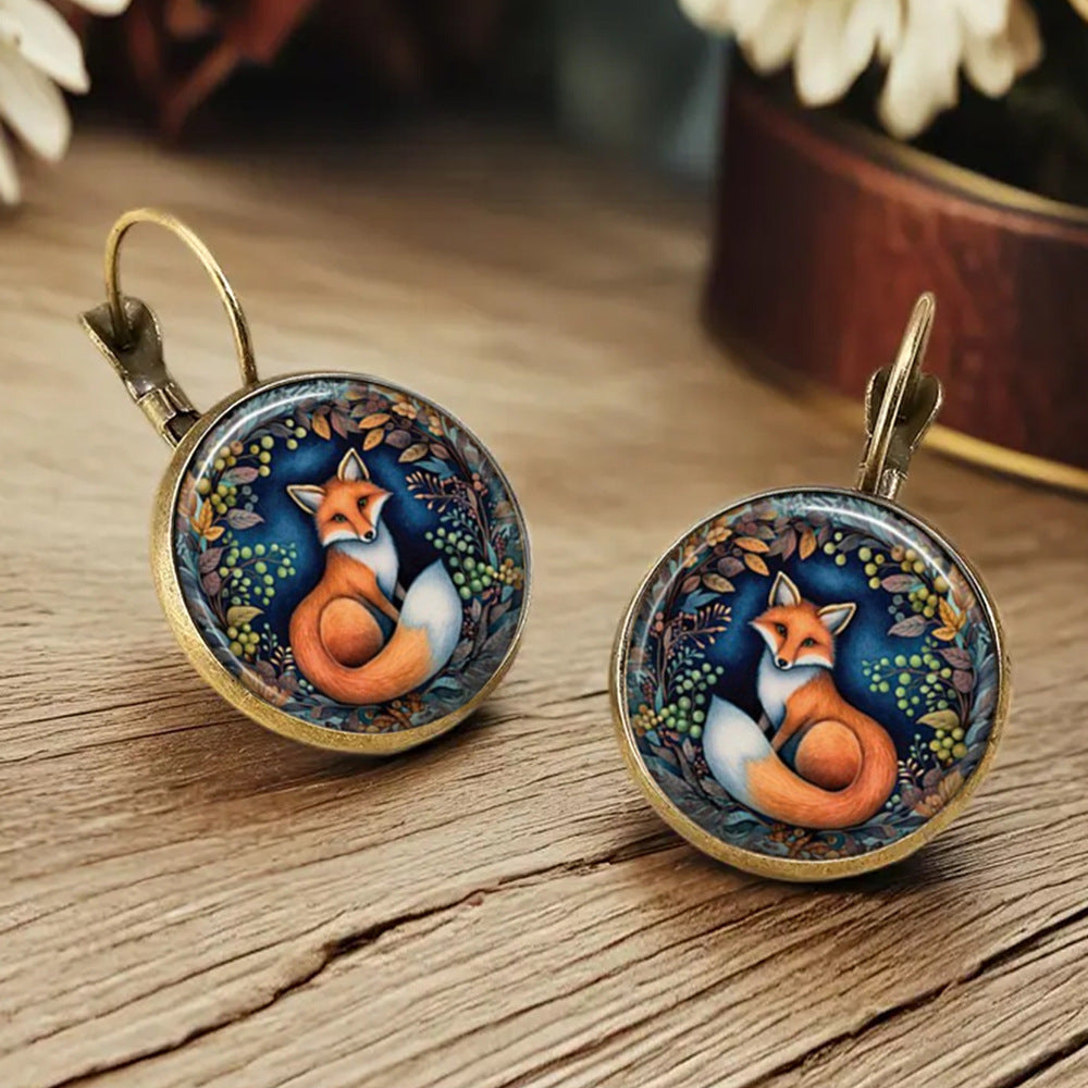 Retro Fox Cat Chicken Time Gem Glass Earrings