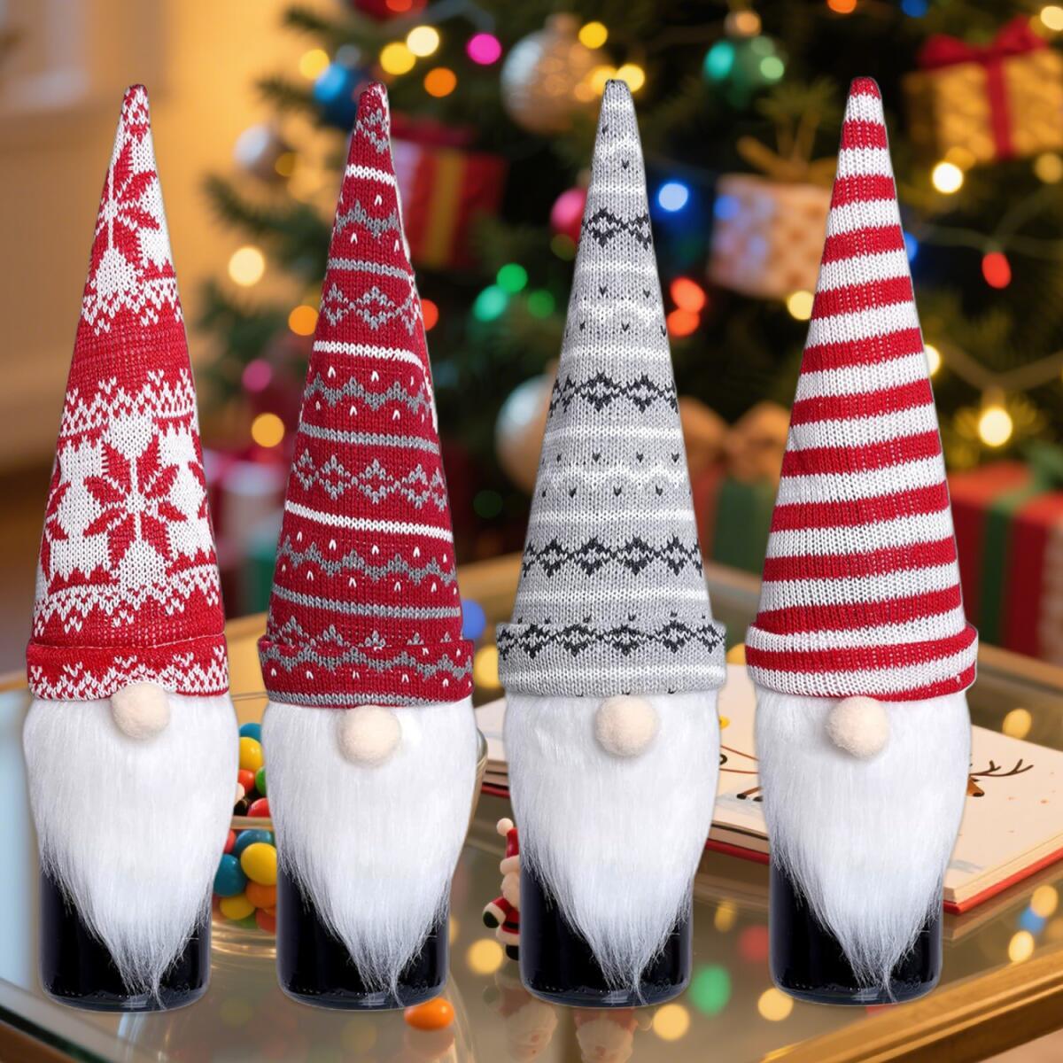 4 Pcs Christmas Wine Bottle Covers Reusable Knitted Gnomes Wine Bottle Toppers Xmas Party Handmade Tomte Swedish Gnomes Wine Decoration For Holiday New Year Dining Table Decor Party Gift