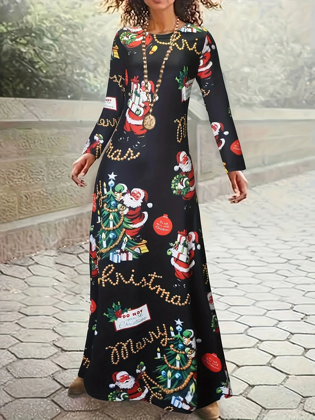 Santa Claus Printed Round Neck Long Sleeve Elegant Dress