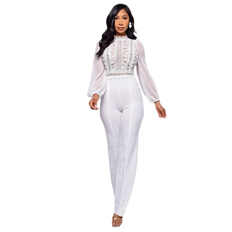 High-waisted Straight-leg Women's High-neck Lace Long-sleeve Jumpsuit
