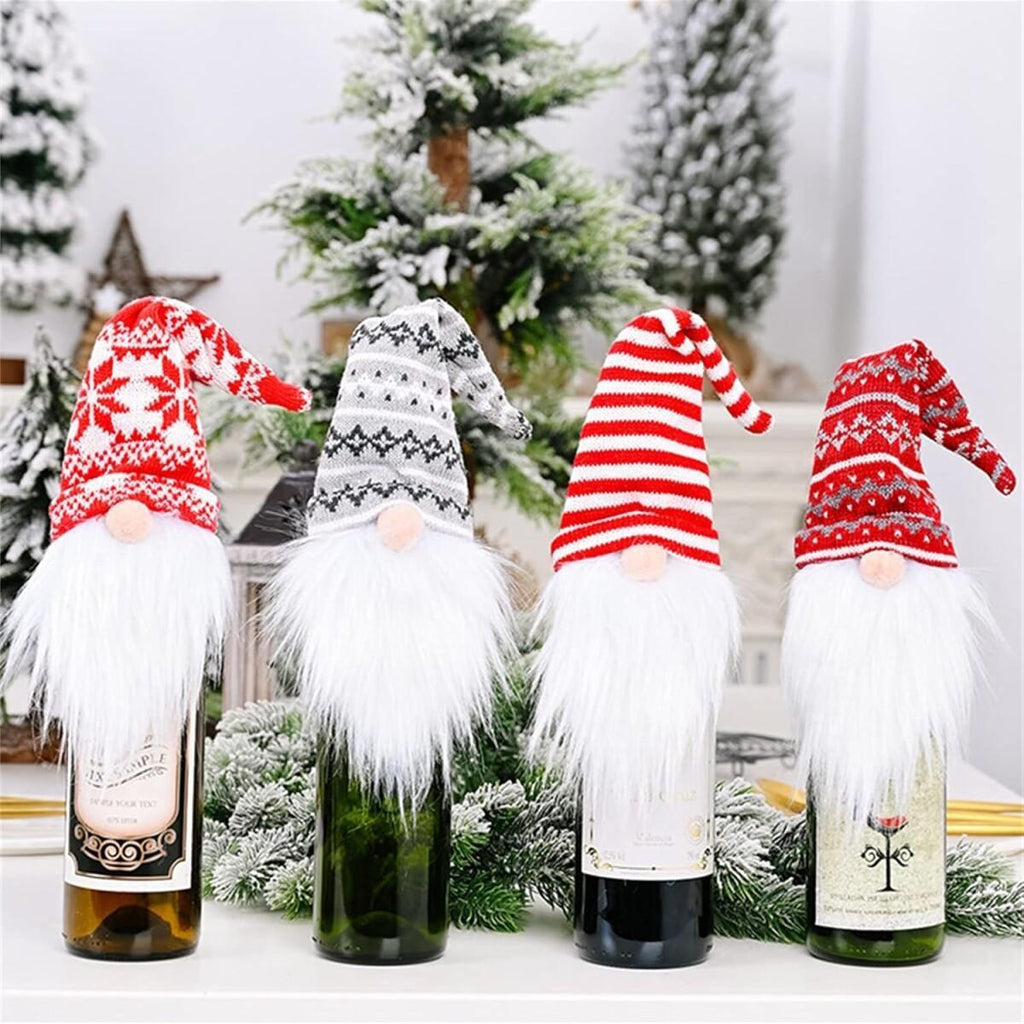4 Pcs Christmas Wine Bottle Covers Reusable Knitted Gnomes Wine Bottle Toppers Xmas Party Handmade Tomte Swedish Gnomes Wine Decoration For Holiday New Year Dining Table Decor Party Gift