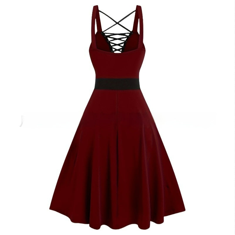 Gothic Lace-up Buckle Cross Deep V-neck Solid Color High Waist A- Line Plus Size Dress