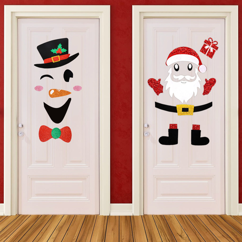 2 Packs Christmas Door Stickers Santa Claus Snowman Cartoon Felt Wall Stickers Xmas Home Refrigerator Garage Door Wall Window Decoration For Christmas New Year Party Supplies
