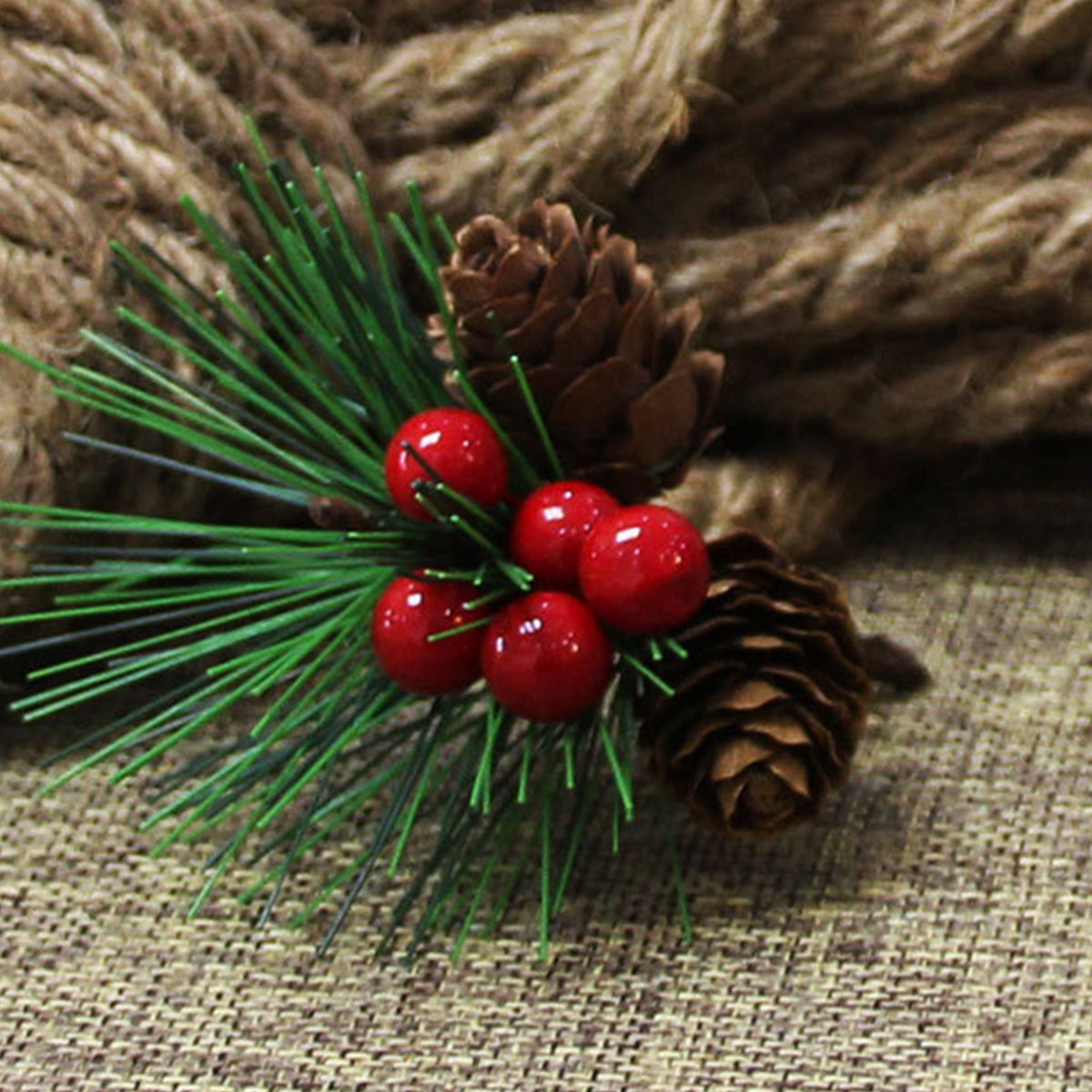 10Pcs Christmas Artificial Pine Picks Christmas Simulation Pine Needle Fake Mini Berries Pinecones For DIY Garland Flower Arrangements Holiday Wreaths Wedding Garden Xmas Tree Decorations