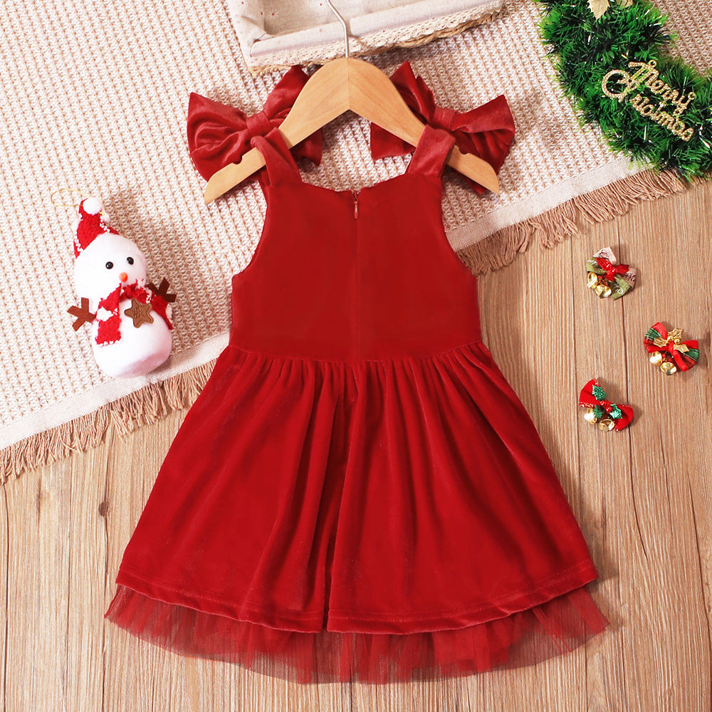 Girls' Christmas Bow Suspenders Bud Skirt Dress