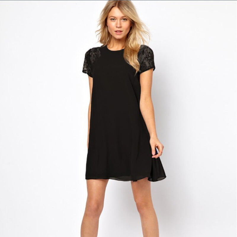 622 Summer European And American Sleeves Lace Stitching Snow White Elegant Back Slit Dress