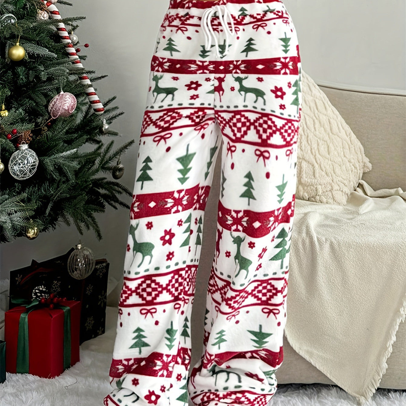 Christmas Plush Warm Pattern Printing Casual And Comfortable Loose Straight Trousers