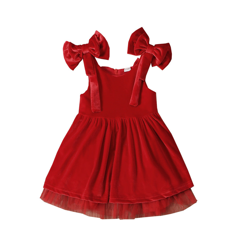 Girls' Christmas Bow Suspenders Bud Skirt Dress