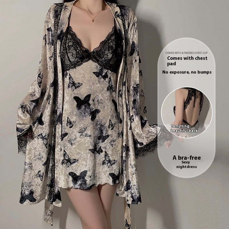 Sweet Butterfly Jacquard Deep V Plus Chest Pad Women's Suspender Nightdress Velvet Outerwear Dress Suit