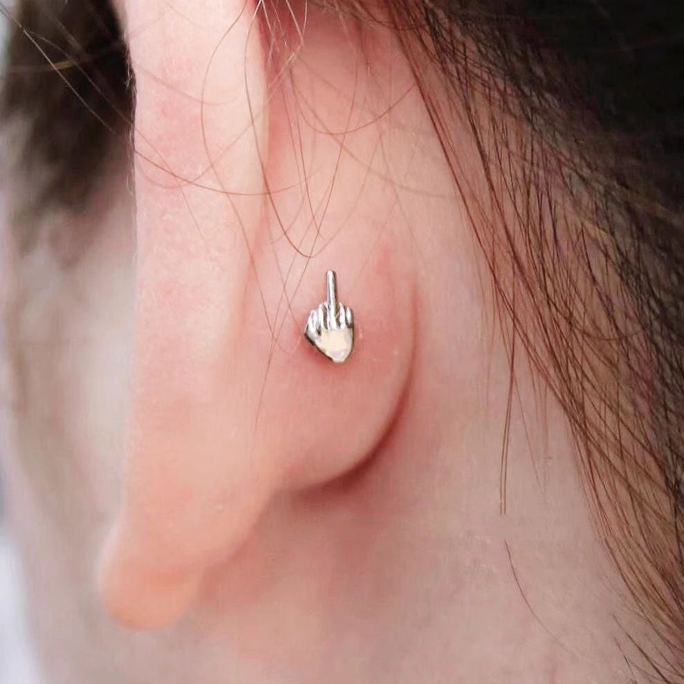 Niche Quirky Middle Finger Titanium Steel Screw Clasp Ear Cartilage Earring