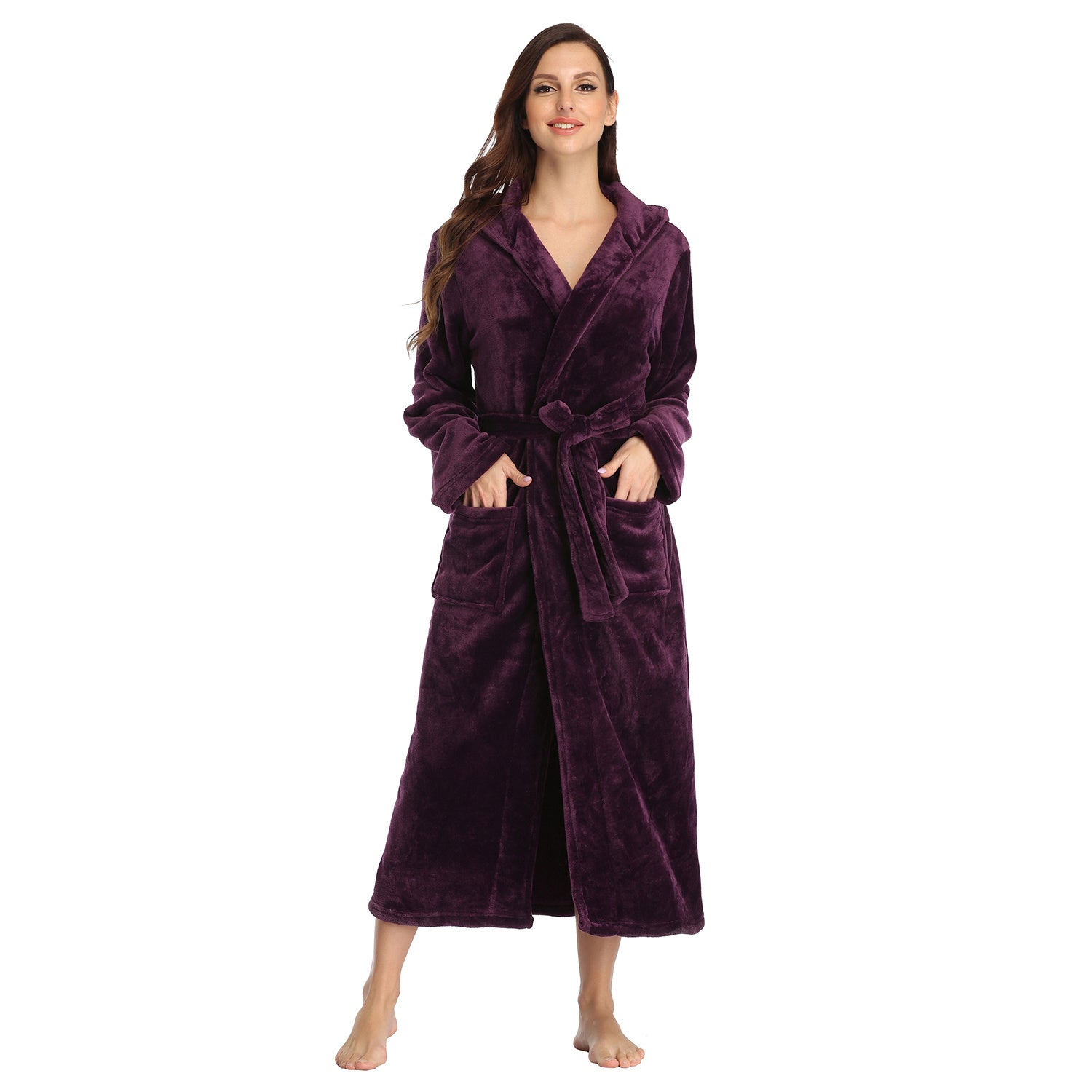 RONGTAI Womens Long Robes Plush Fleece Nightgown Thick Hooded Bathrobe With Pockets Fluffy Sleepwear For Men