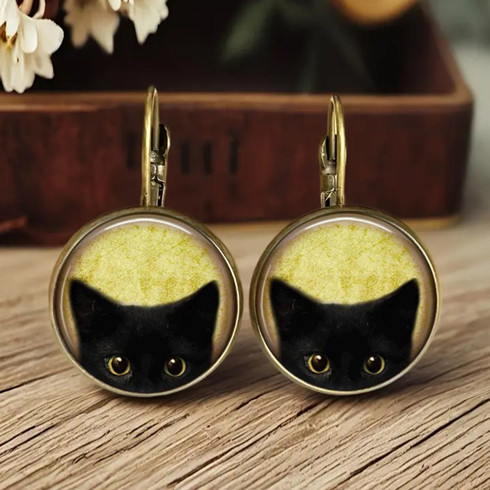 Retro Fox Cat Chicken Time Gem Glass Earrings