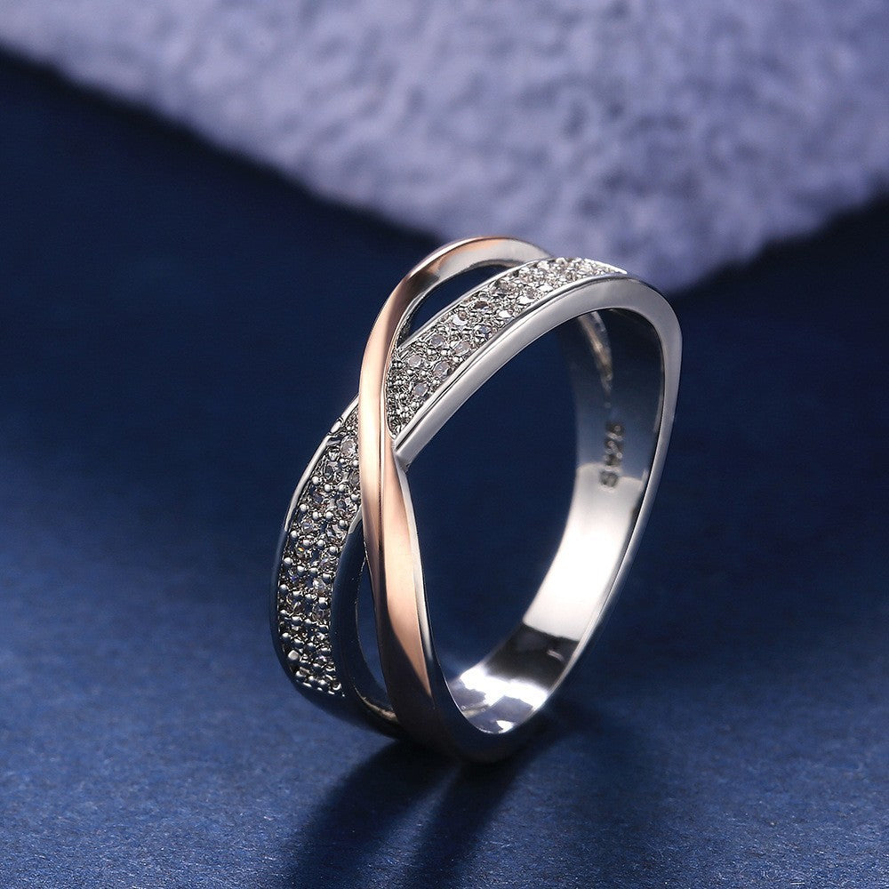 Cross-border Hot Selling Copper Plated White K Inlaid Zircon Simple Personality X-shaped Two-tone Ring