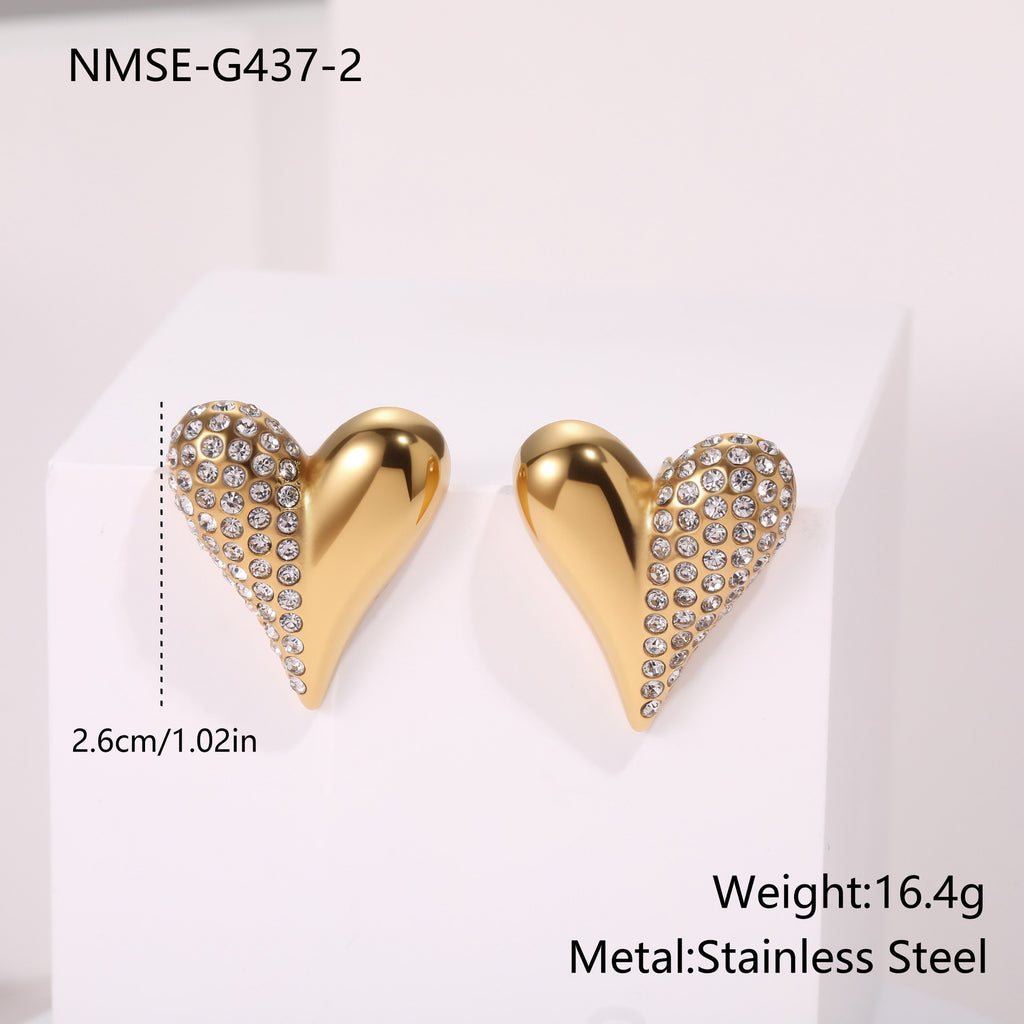 European And American Fashion Love Heart-shaped Diamond Stud Earrings Stainless Steel