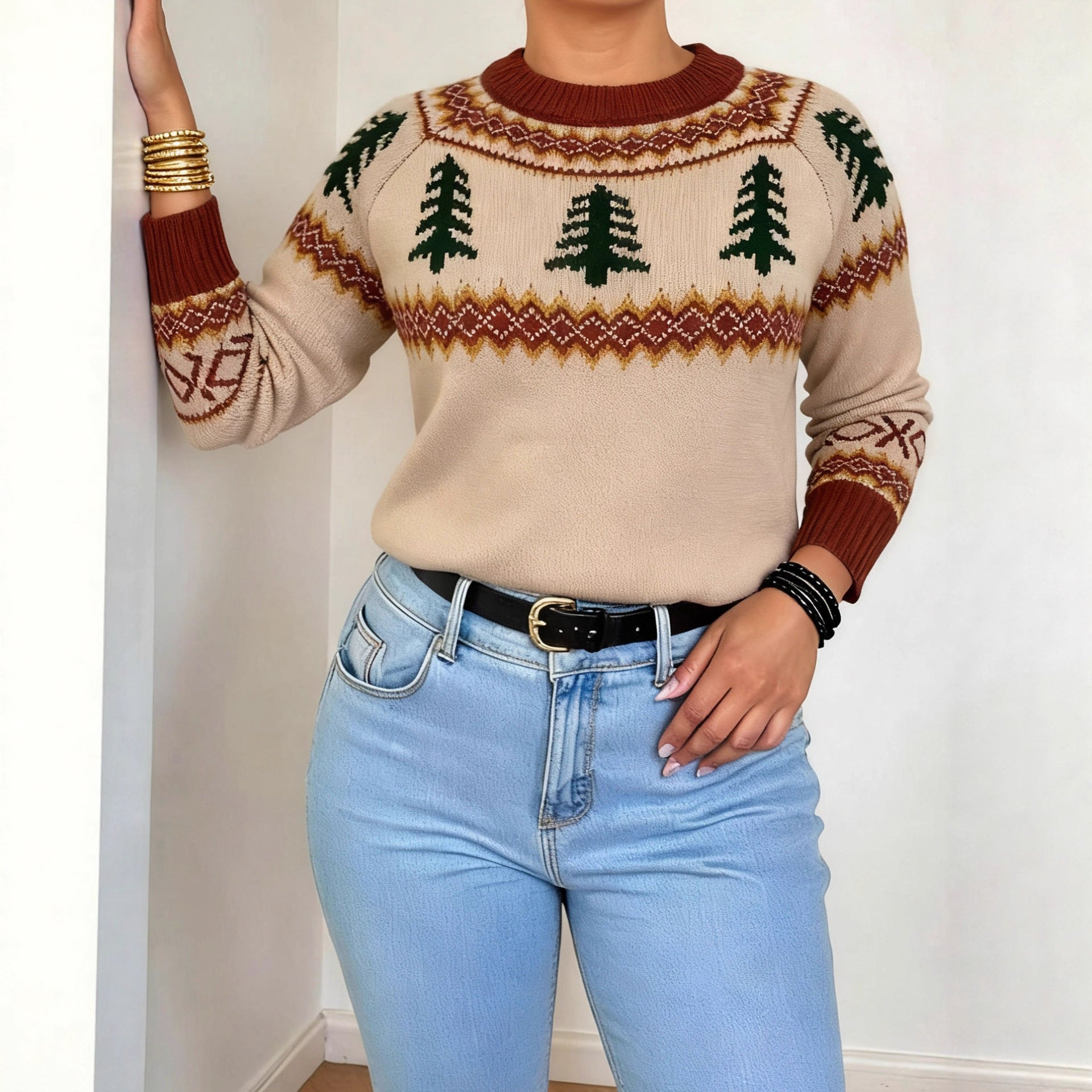 Christmas Tree Brocade Sweater Female