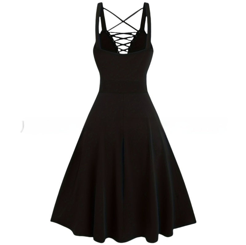 Gothic Lace-up Buckle Cross Deep V-neck Solid Color High Waist A- Line Plus Size Dress