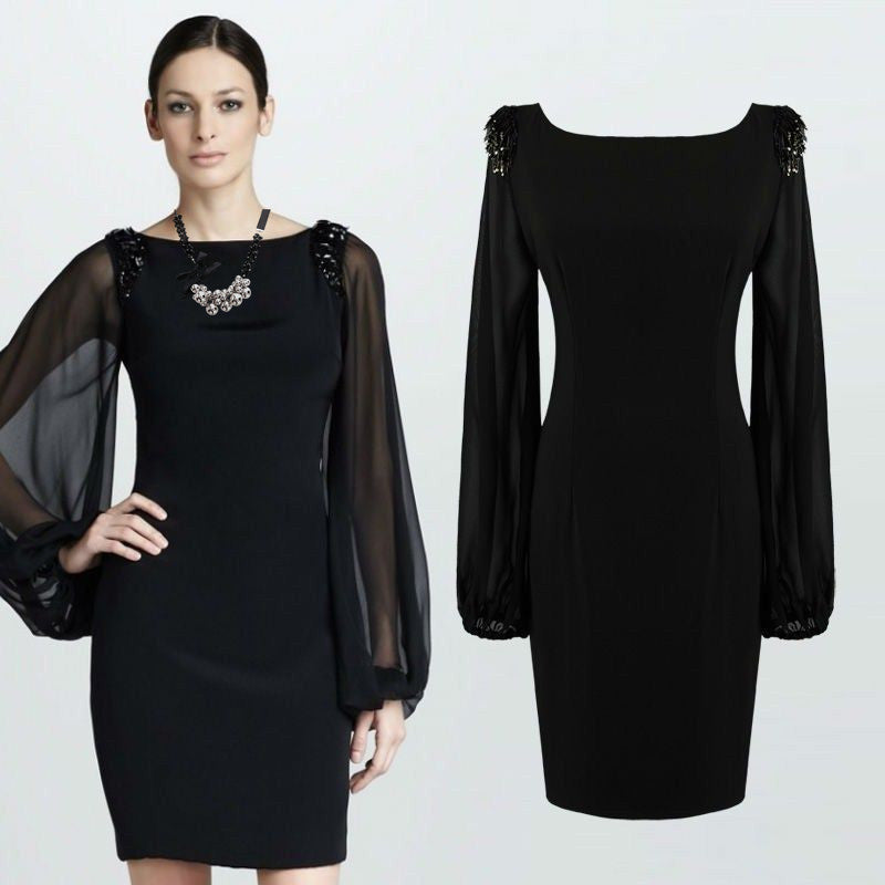 Chiffon Long Sleeve Shoulder Beaded Elegant Dress