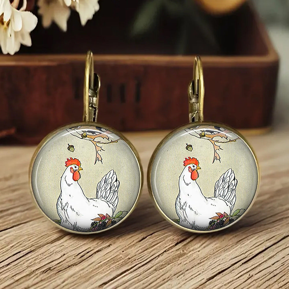 Retro Fox Cat Chicken Time Gem Glass Earrings