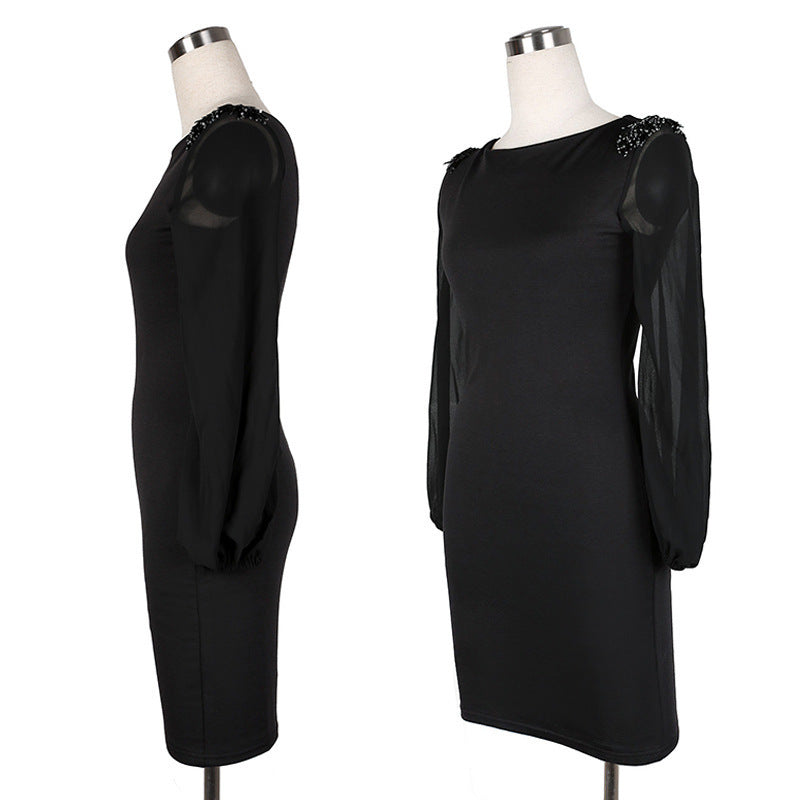 Chiffon Long Sleeve Shoulder Beaded Elegant Dress