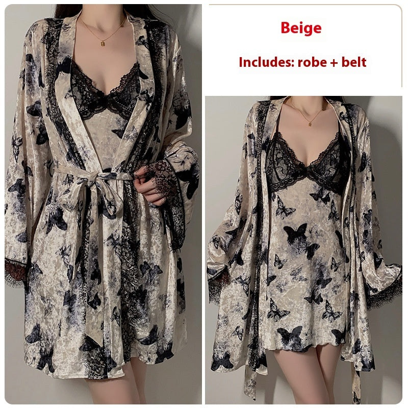 Sweet Butterfly Jacquard Deep V Plus Chest Pad Women's Suspender Nightdress Velvet Outerwear Dress Suit