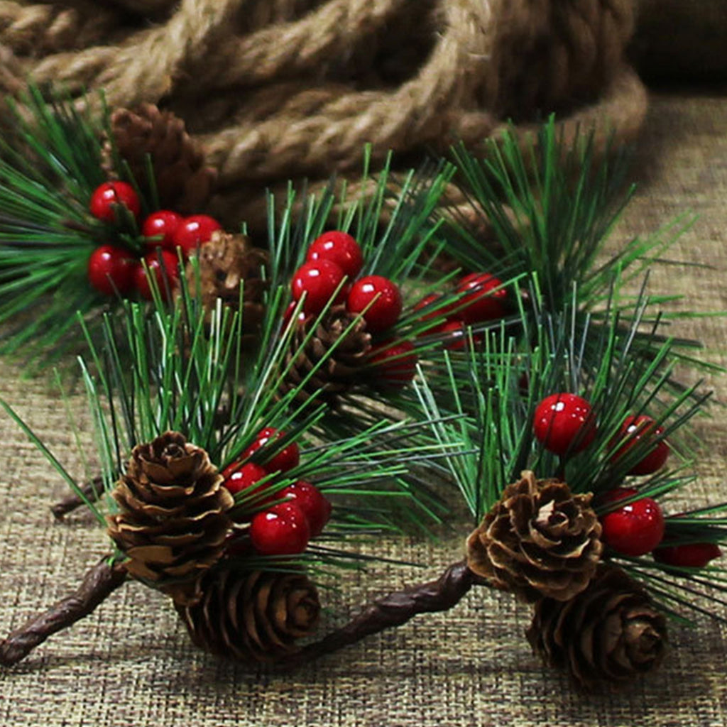 10Pcs Christmas Artificial Pine Picks Christmas Simulation Pine Needle Fake Mini Berries Pinecones For DIY Garland Flower Arrangements Holiday Wreaths Wedding Garden Xmas Tree Decorations