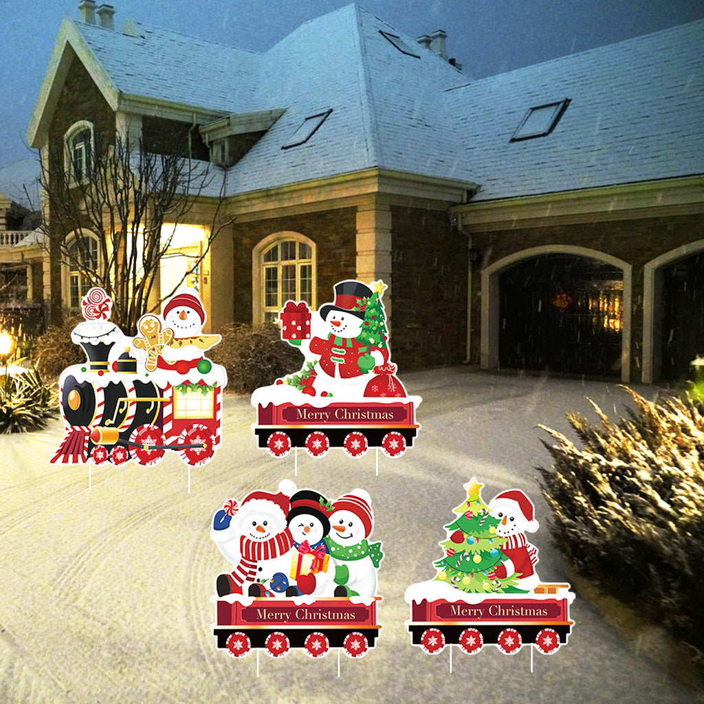 4 Pack Christmas Yard Signs With Plastic Stakes Xmas Train Snowman Christmas Tree Gift Lawn Signs For Yard Fence Garden Lawn Xmas Holiday Outside Decoration Supplies