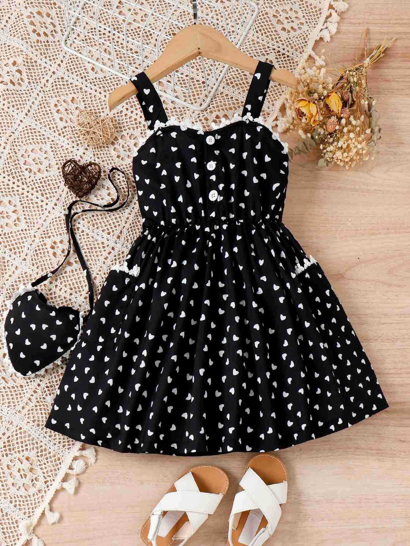 Polyester Children's Heart Printing Stitching Lace Hanging A- Line Skirt
